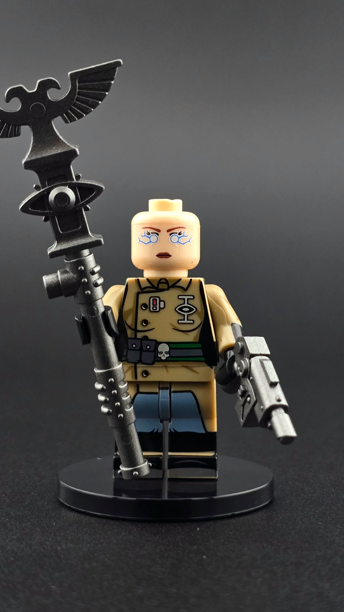 Custom sci fi inspired Psyker minifigure with green and silver armor, glowing blue energy eyes, staff, and pistol. Detailed psychic warrior design compatible with leading brick style building sets.