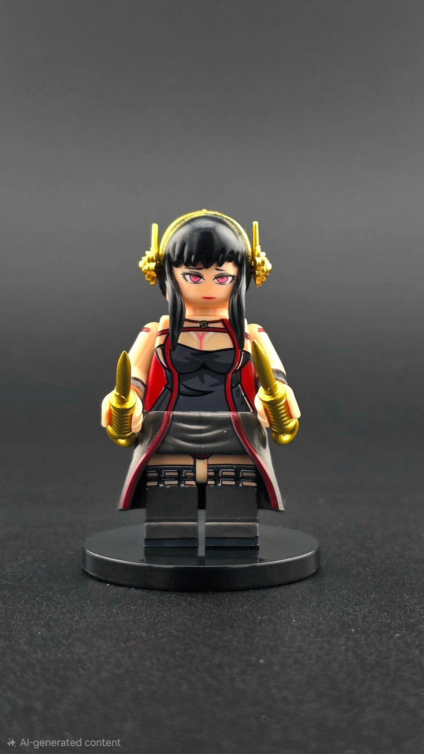 Custom anime-inspired Yor Forger minifigure wearing a black and red assassin dress with dual golden daggers and dual-sided head, based on Spy X Family and compatible with leading brick-style building systems.