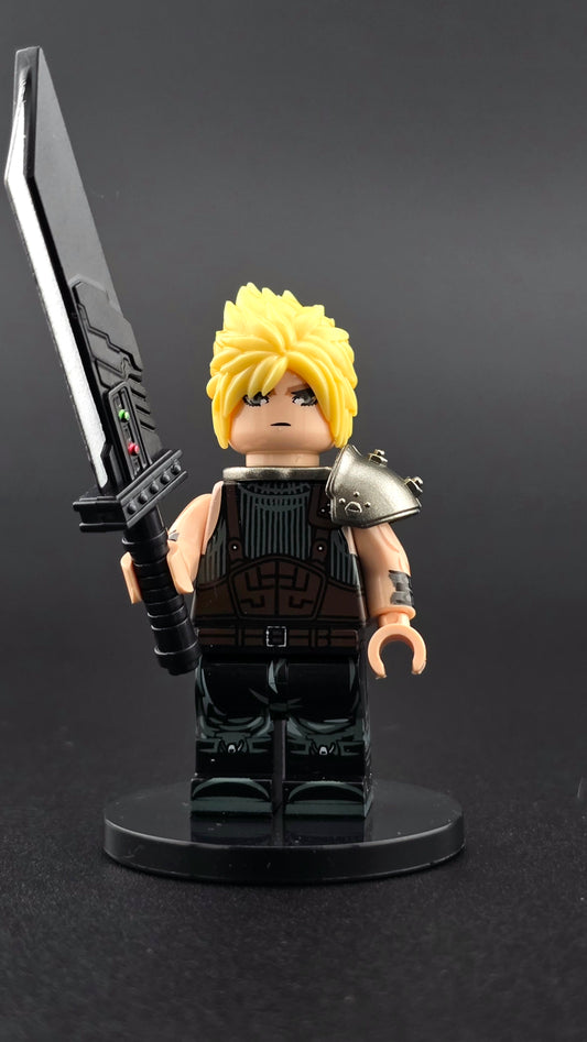 Custom gaming inspired Cloud minifigure with black combat outfit, iconic pauldron, spiked hair style, and large sword accessory. Detailed fantasy RPG hero design compatible with leading brick style building sets.