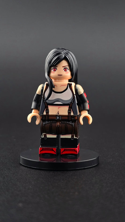 Custom gaming inspired Tifa minifigure with black and white outfit, skirt and strap details, pink eyes, and martial artist styling. Designed with detailed RPG themed features compatible with leading brick style building sets.