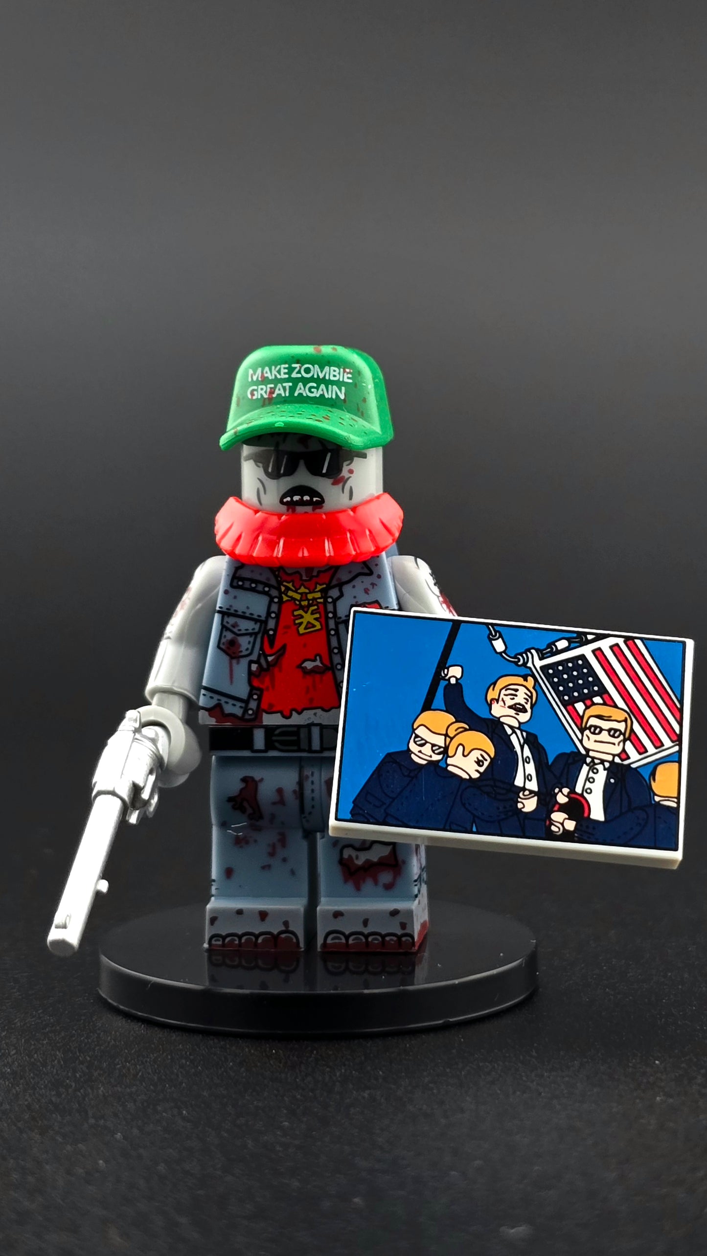 Custom MZGA Zombie minifigure with green Make Zombie Great Again hat, red beard, and bold fantasy styling, shown with revolver and presidential picture accessories and compatible with leading brick-style systems.