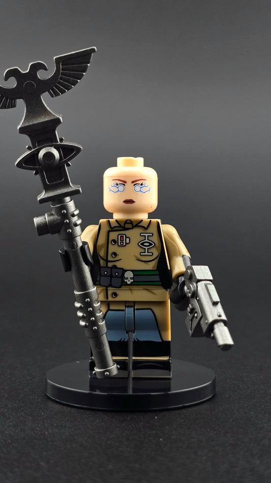 Custom sci fi inspired Psyker minifigure with green and silver armor, glowing blue energy eyes, staff, and pistol. Detailed psychic warrior design compatible with leading brick style building sets.