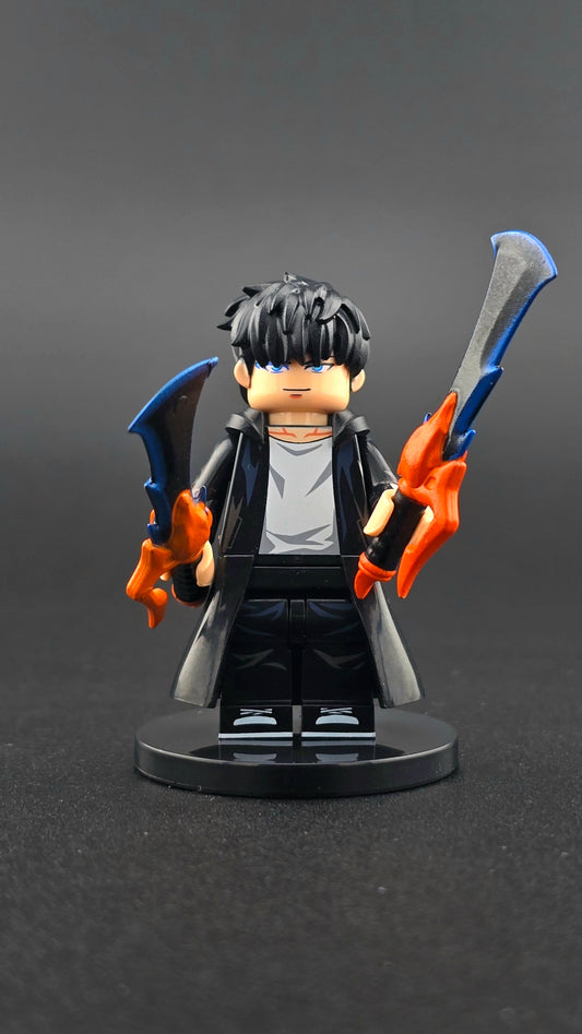 Custom anime-inspired Sung Jinwoo minifigure wearing a black coat with dual shadow-style blades, based on Solo Leveling and compatible with leading brick-style building systems.