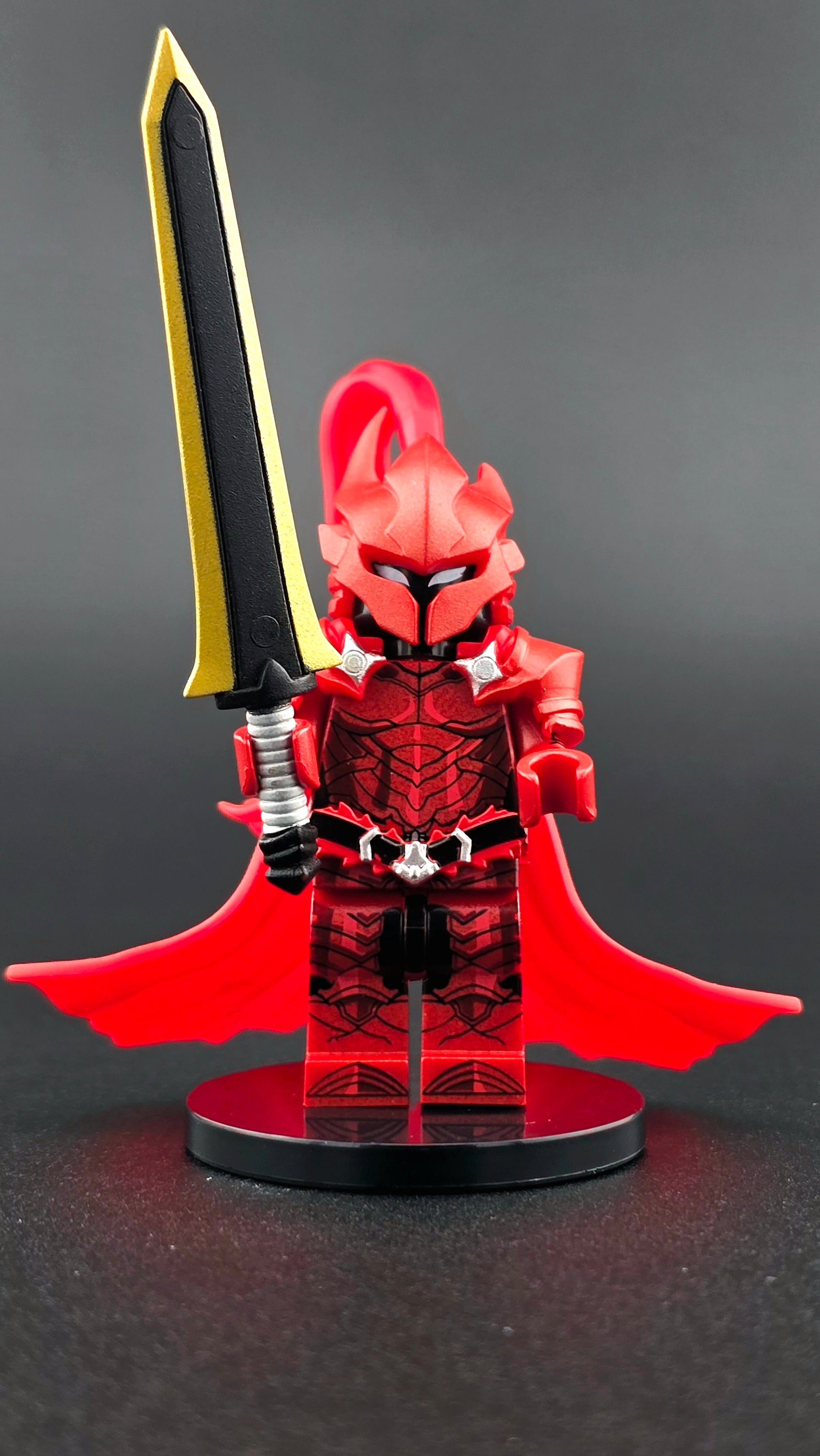 Custom anime-inspired Igris minifigure in red knight armor with flowing cape and sword, based on Solo Leveling and compatible with leading brick-style building systems.