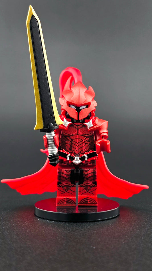 Custom anime-inspired Igris minifigure in red knight armor with flowing cape and sword, based on Solo Leveling and compatible with leading brick-style building systems.