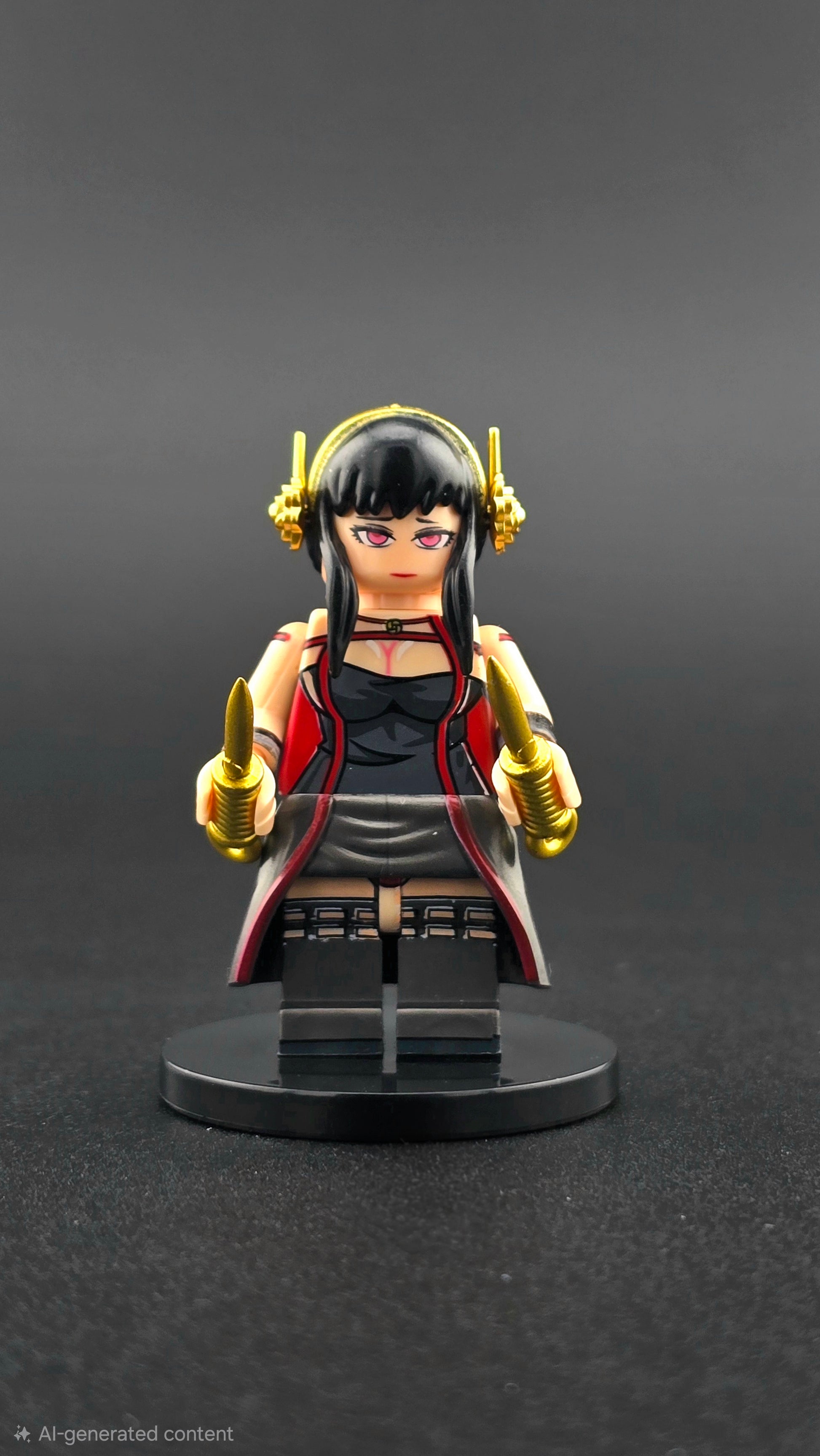 Custom anime-inspired Yor Forger minifigure wearing a black and red assassin dress with dual golden daggers and dual-sided head, based on Spy X Family and compatible with leading brick-style building systems.