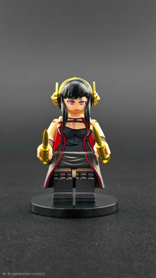 Custom anime-inspired Yor Forger minifigure wearing a black and red assassin dress with dual golden daggers and dual-sided head, based on Spy X Family and compatible with leading brick-style building systems.